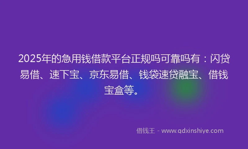 2025年的急用钱借款平台正规吗可靠吗有：闪贷易借、速下宝、京东易借、钱袋速贷融宝、借钱宝盒等。