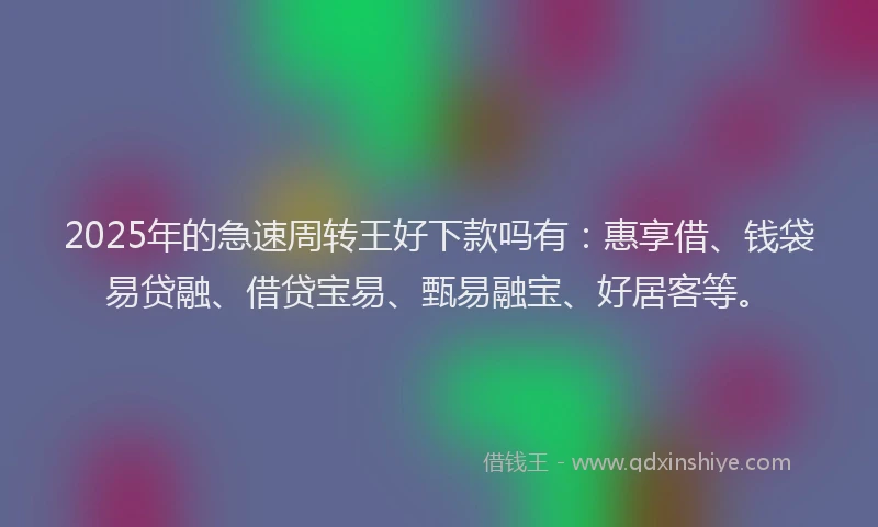 2025年的急速周转王好下款吗有：惠享借、钱袋易贷融、借贷宝易、甄易融宝、好居客等。