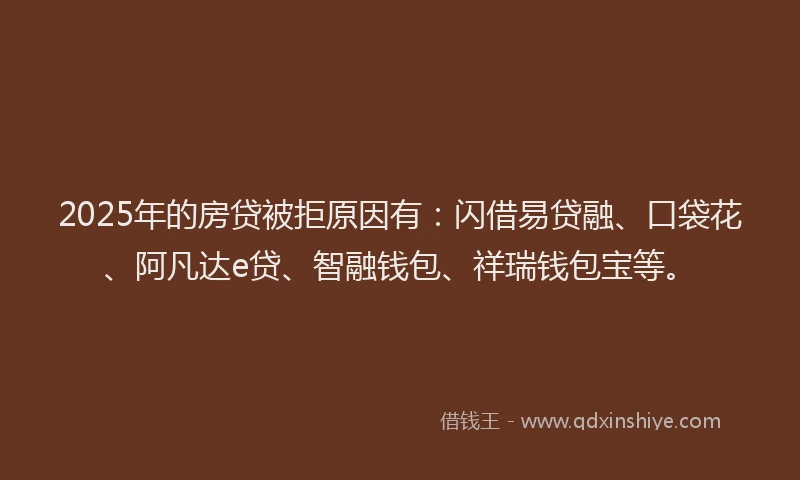 2025年的房贷被拒原因有：闪借易贷融、口袋花、阿凡达e贷、智融钱包、祥瑞钱包宝等。