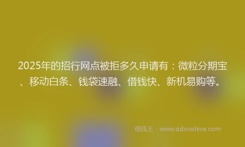 2025年的招行网点被拒多久申请有：微粒分期宝、移动白条、钱袋速融、借钱快、新机易购等。