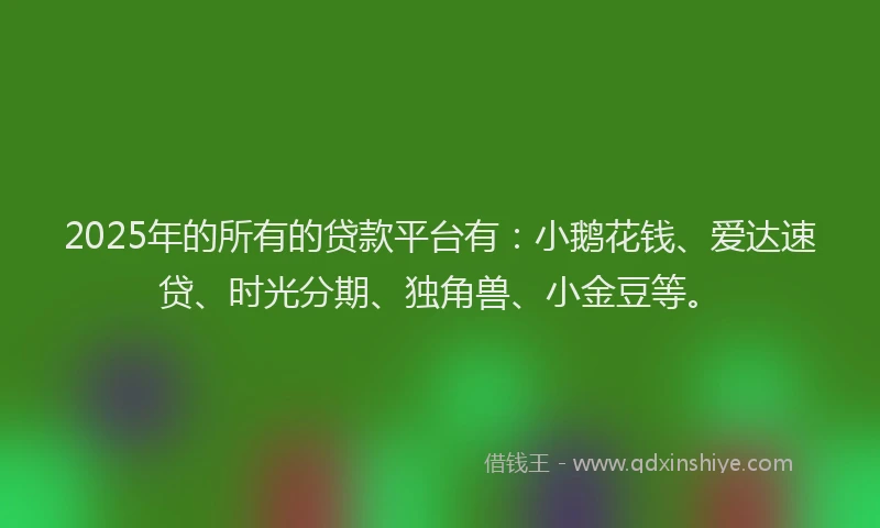 2025年的所有的贷款平台有：小鹅花钱、爱达速贷、时光分期、独角兽、小金豆等。
