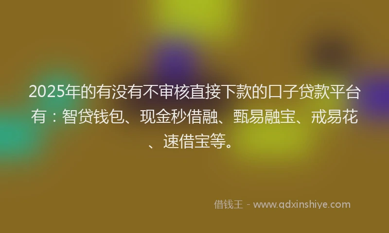 2025年的有没有不审核直接下款的口子贷款平台有：智贷钱包、现金秒借融、甄易融宝、戒易花、速借宝等。