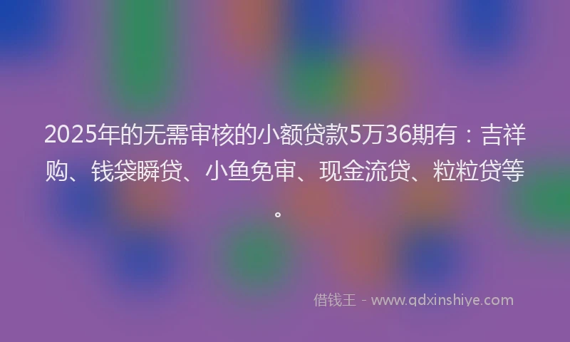 2025年的无需审核的小额贷款5万36期有：吉祥购、钱袋瞬贷、小鱼免审、现金流贷、粒粒贷等。