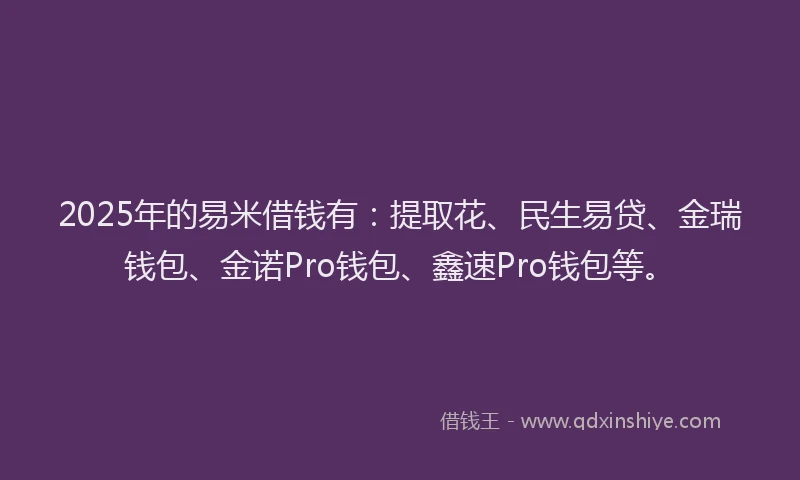 2025年的易米借钱有：提取花、民生易贷、金瑞钱包、金诺Pro钱包、鑫速Pro钱包等。