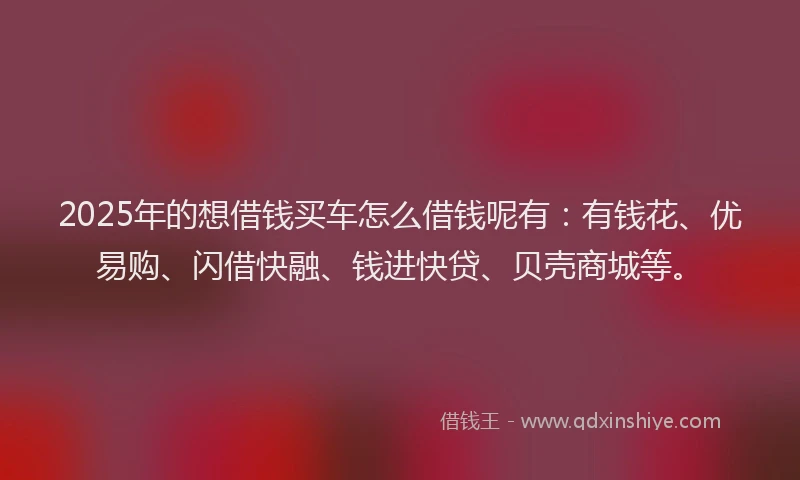 2025年的想借钱买车怎么借钱呢有：有钱花、优易购、闪借快融、钱进快贷、贝壳商城等。