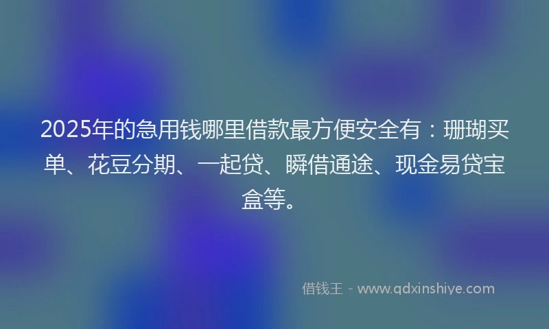 2025年的急用钱哪里借款最方便安全有：珊瑚买单、花豆分期、一起贷、瞬借通途、现金易贷宝盒等。