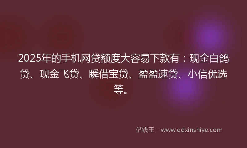 2025年的手机网贷额度大容易下款有：现金白鸽贷、现金飞贷、瞬借宝贷、盈盈速贷、小信优选等。