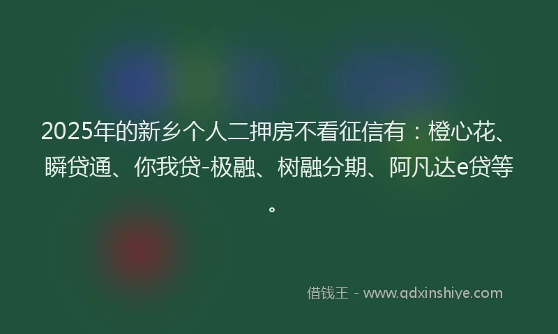 2025年的新乡个人二押房不看征信有：橙心花、瞬贷通、你我贷-极融、树融分期、阿凡达e贷等。