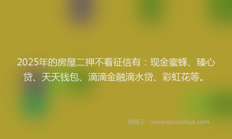 2025年的房屋二押不看征信有：现金蜜蜂、臻心贷、天天钱包、滴滴金融滴水贷、彩虹花等。