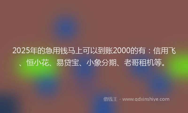 2025年的急用钱马上可以到账2000的有：信用飞、恒小花、易贷宝、小象分期、老哥租机等。