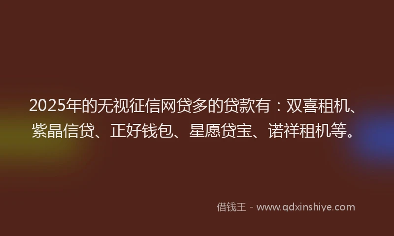 2025年的无视征信网贷多的贷款有：双喜租机、紫晶信贷、正好钱包、星愿贷宝、诺祥租机等。