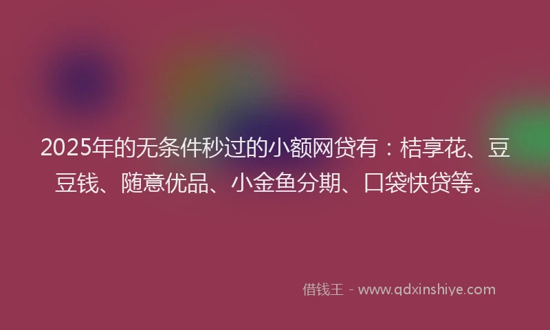 2025年的无条件秒过的小额网贷有：桔享花、豆豆钱、随意优品、小金鱼分期、口袋快贷等。