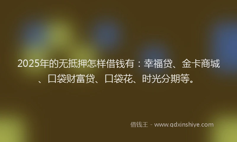 2025年的无抵押怎样借钱有：幸福贷、金卡商城、口袋财富贷、口袋花、时光分期等。