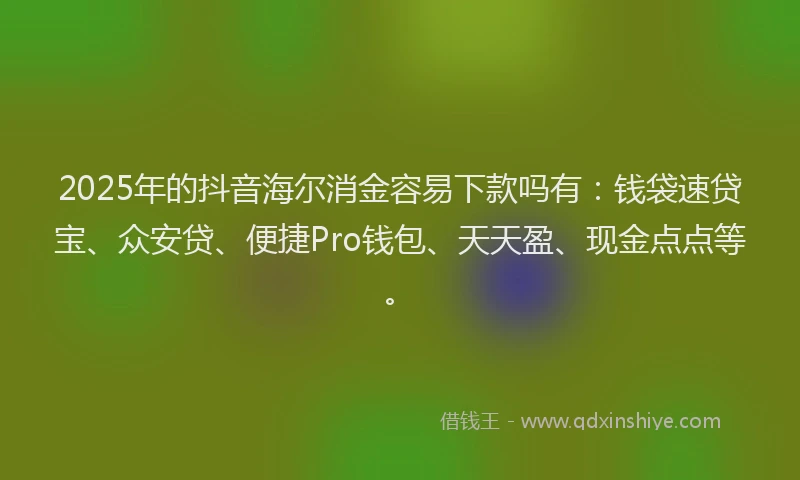 2025年的抖音海尔消金容易下款吗有：钱袋速贷宝、众安贷、便捷Pro钱包、天天盈、现金点点等。