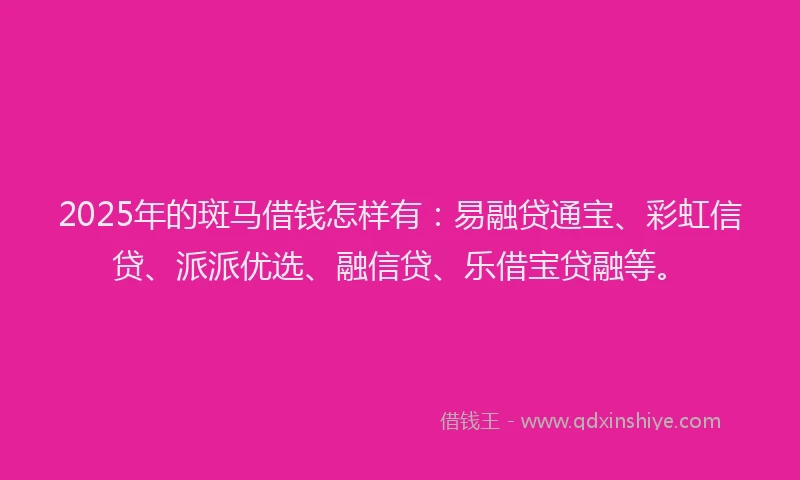 2025年的斑马借钱怎样有：易融贷通宝、彩虹信贷、派派优选、融信贷、乐借宝贷融等。