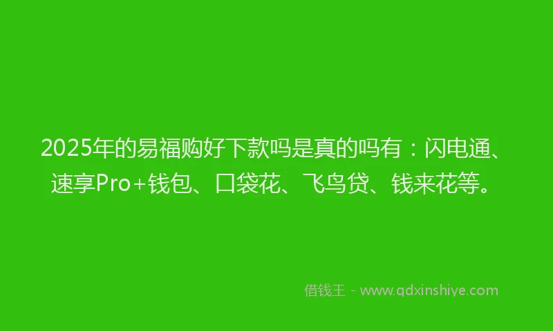 2025年的易福购好下款吗是真的吗有：闪电通、速享Pro+钱包、口袋花、飞鸟贷、钱来花等。