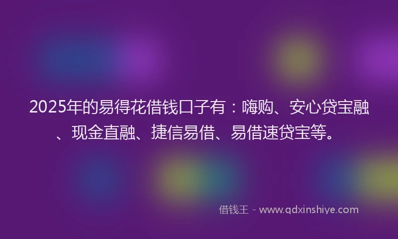 2025年的易得花借钱口子有：嗨购、安心贷宝融、现金直融、捷信易借、易借速贷宝等。