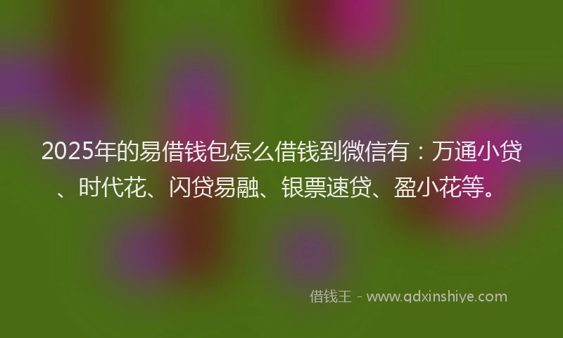 2025年的易借钱包怎么借钱到微信有：万通小贷、时代花、闪贷易融、银票速贷、盈小花等。