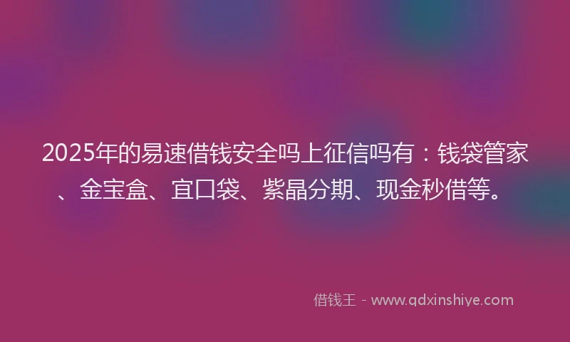 2025年的易速借钱安全吗上征信吗有：钱袋管家、金宝盒、宜口袋、紫晶分期、现金秒借等。