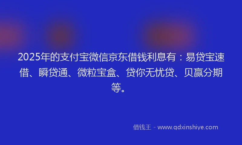 2025年的支付宝微信京东借钱利息有：易贷宝速借、瞬贷通、微粒宝盒、贷你无忧贷、贝赢分期等。