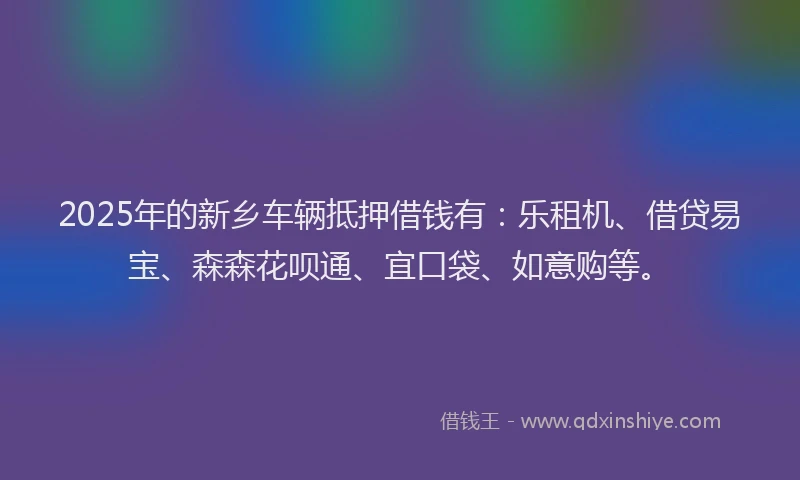 2025年的新乡车辆抵押借钱有：乐租机、借贷易宝、森森花呗通、宜口袋、如意购等。