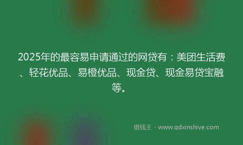 2025年的最容易申请通过的网贷有：美团生活费、轻花优品、易橙优品、现金贷、现金易贷宝融等。