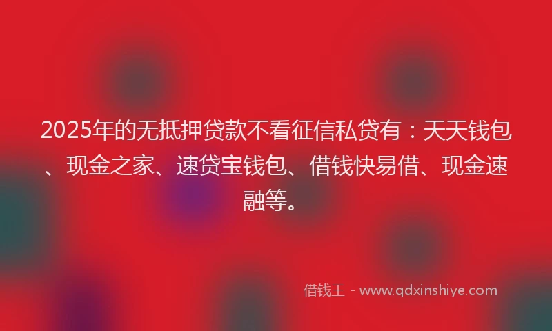 2025年的无抵押贷款不看征信私贷有：天天钱包、现金之家、速贷宝钱包、借钱快易借、现金速融等。