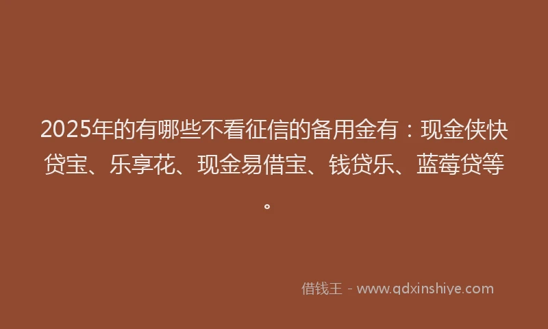 2025年的有哪些不看征信的备用金有：现金侠快贷宝、乐享花、现金易借宝、钱贷乐、蓝莓贷等。