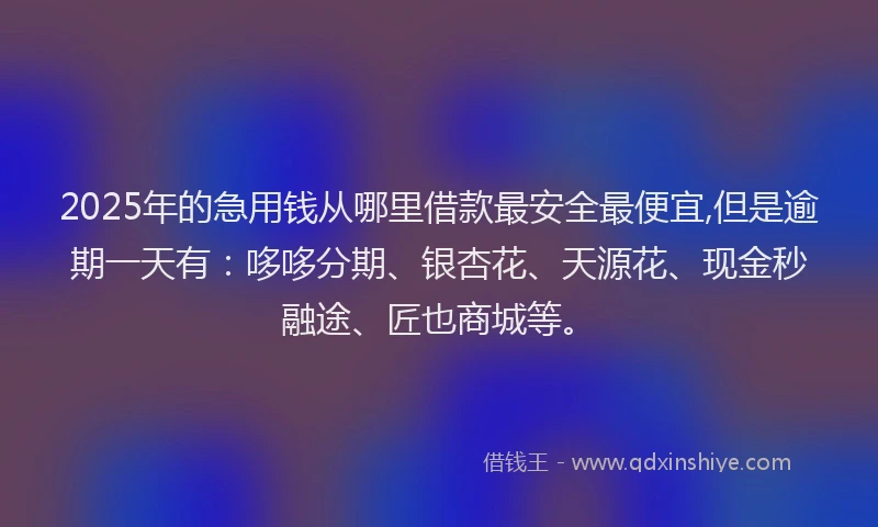 2025年的急用钱从哪里借款最安全最便宜,但是逾期一天有：哆哆分期、银杏花、天源花、现金秒融途、匠也商城等。