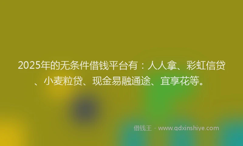 2025年的无条件借钱平台有：人人拿、彩虹信贷、小麦粒贷、现金易融通途、宜享花等。