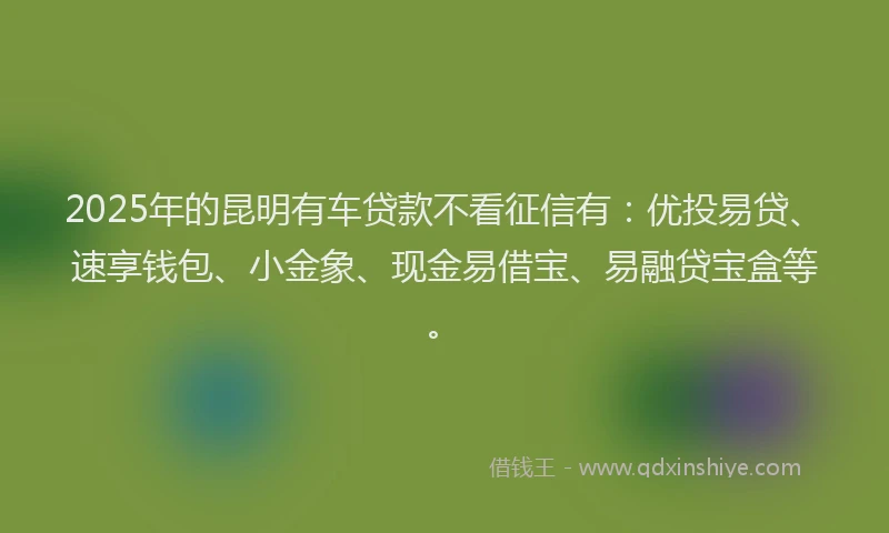 2025年的昆明有车贷款不看征信有：优投易贷、速享钱包、小金象、现金易借宝、易融贷宝盒等。