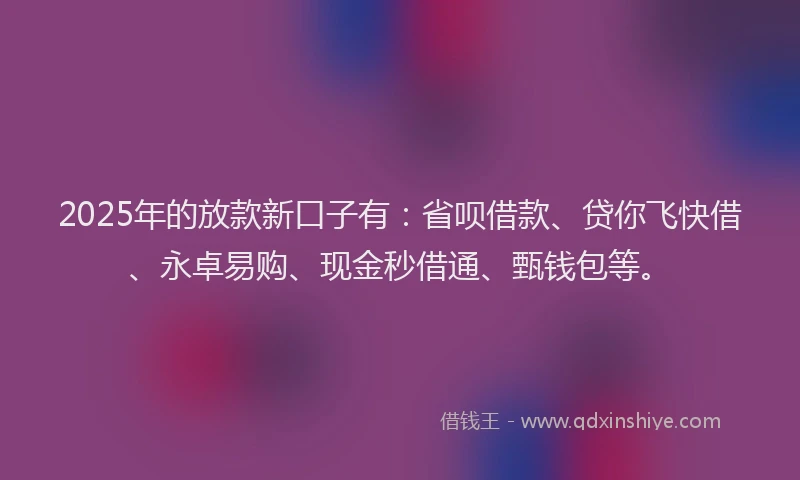 2025年的放款新口子有：省呗借款、贷你飞快借、永卓易购、现金秒借通、甄钱包等。