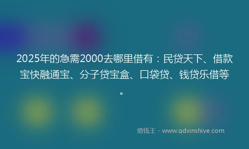 2025年的急需2000去哪里借有：民贷天下、借款宝快融通宝、分子贷宝盒、口袋贷、钱贷乐借等。