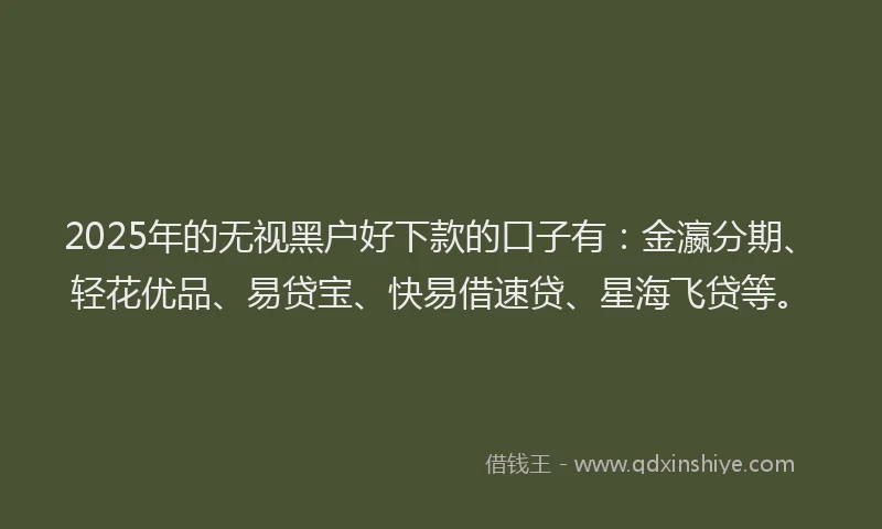 2025年的无视黑户好下款的口子有：金瀛分期、轻花优品、易贷宝、快易借速贷、星海飞贷等。