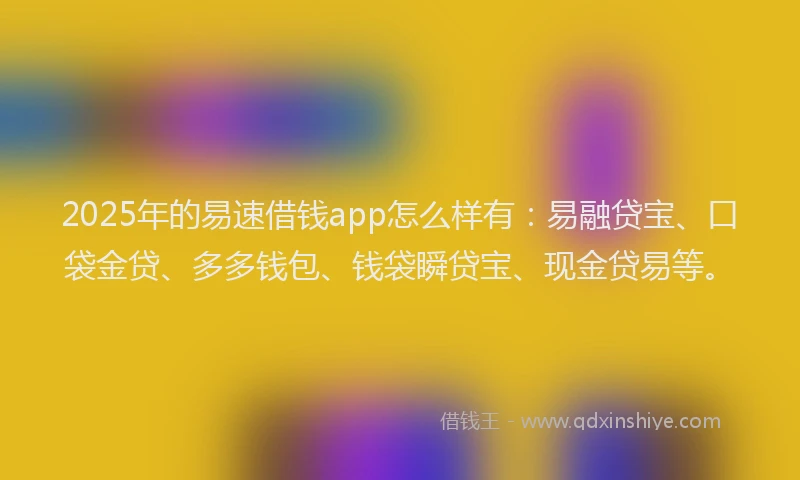2025年的易速借钱app怎么样有：易融贷宝、口袋金贷、多多钱包、钱袋瞬贷宝、现金贷易等。