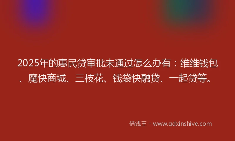 2025年的惠民贷审批未通过怎么办有：维维钱包、魔快商城、三枝花、钱袋快融贷、一起贷等。