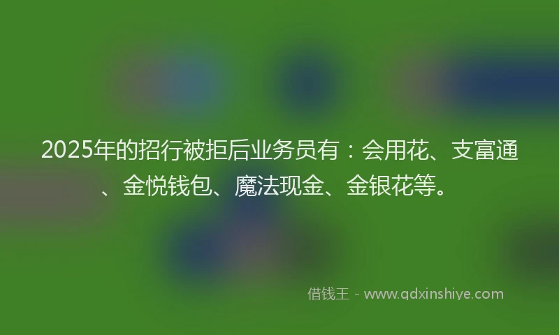 2025年的招行被拒后业务员有：会用花、支富通、金悦钱包、魔法现金、金银花等。
