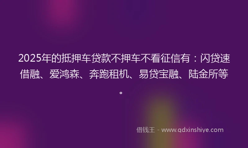 2025年的抵押车贷款不押车不看征信有：闪贷速借融、爱鸿森、奔跑租机、易贷宝融、陆金所等。