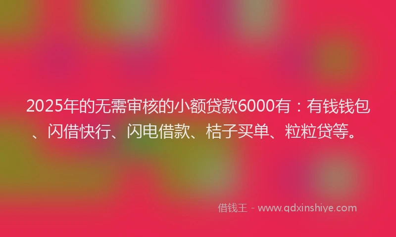 2025年的无需审核的小额贷款6000有：有钱钱包、闪借快行、闪电借款、桔子买单、粒粒贷等。