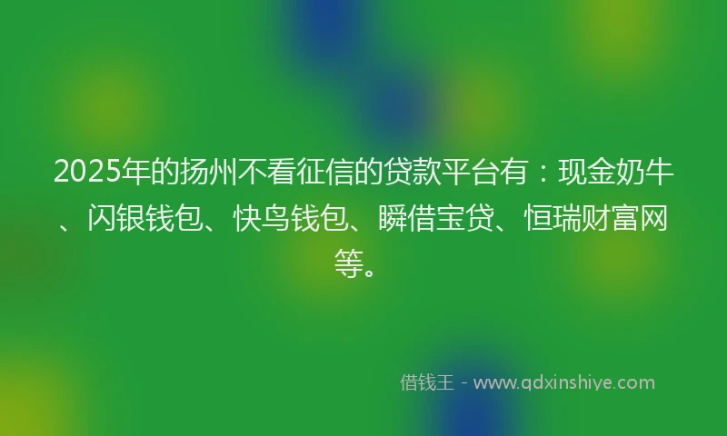 2025年的扬州不看征信的贷款平台有：现金奶牛、闪银钱包、快鸟钱包、瞬借宝贷、恒瑞财富网等。