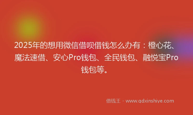 2025年的想用微信借呗借钱怎么办有：橙心花、魔法速借、安心Pro钱包、全民钱包、融悦宝Pro钱包等。