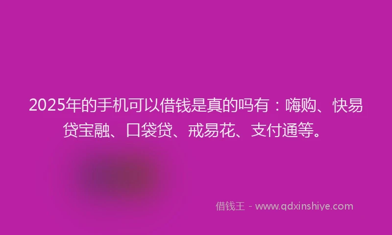 2025年的手机可以借钱是真的吗有：嗨购、快易贷宝融、口袋贷、戒易花、支付通等。