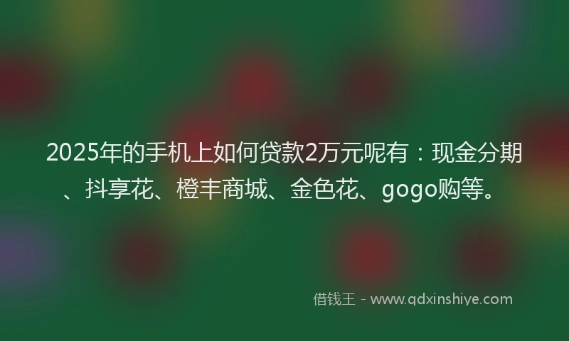 2025年的手机上如何贷款2万元呢有：现金分期、抖享花、橙丰商城、金色花、gogo购等。