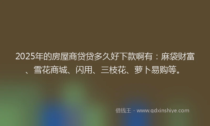 2025年的房屋商贷贷多久好下款啊有：麻袋财富、雪花商城、闪用、三枝花、萝卜易购等。