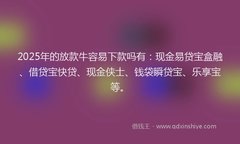 2025年的放款牛容易下款吗有：现金易贷宝盒融、借贷宝快贷、现金侠士、钱袋瞬贷宝、乐享宝等。