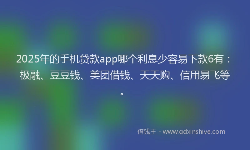 2025年的手机贷款app哪个利息少容易下款6有：极融、豆豆钱、美团借钱、天天购、信用易飞等。