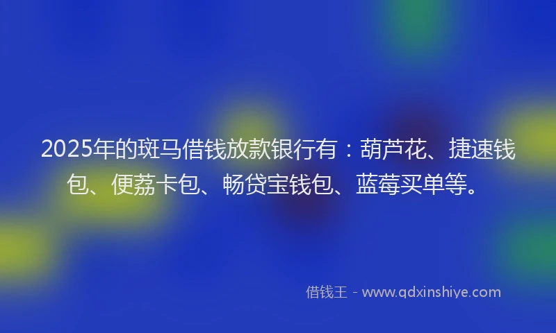 2025年的斑马借钱放款银行有：葫芦花、捷速钱包、便荔卡包、畅贷宝钱包、蓝莓买单等。