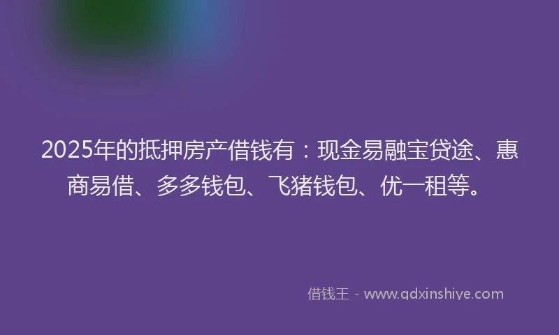 2025年的抵押房产借钱有：现金易融宝贷途、惠商易借、多多钱包、飞猪钱包、优一租等。