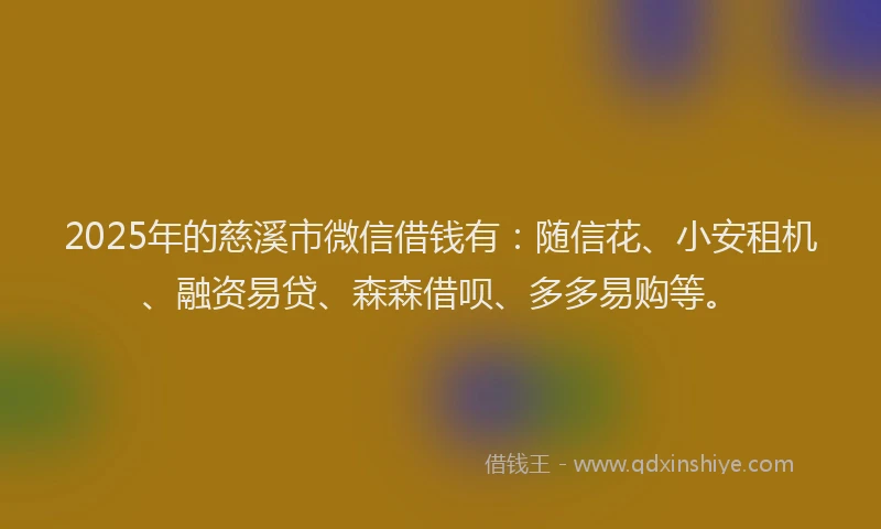 2025年的慈溪市微信借钱有：随信花、小安租机、融资易贷、森森借呗、多多易购等。