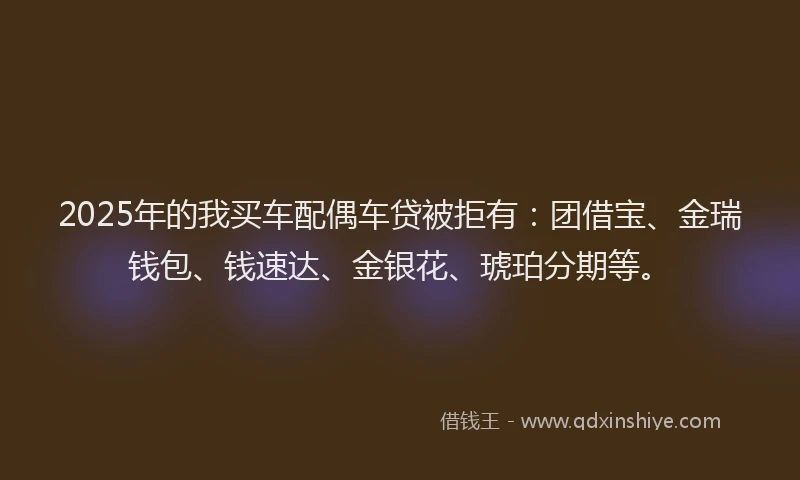 2025年的我买车配偶车贷被拒有：团借宝、金瑞钱包、钱速达、金银花、琥珀分期等。